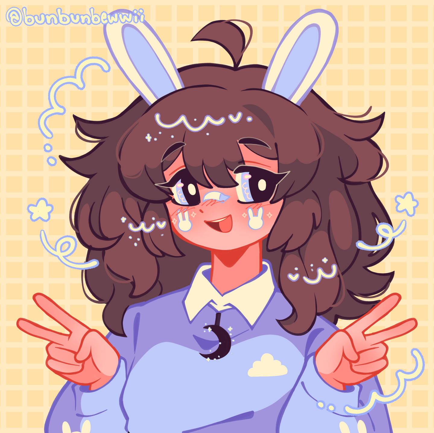 A girl with brown hair and bunny ears holding up two peace signs.
